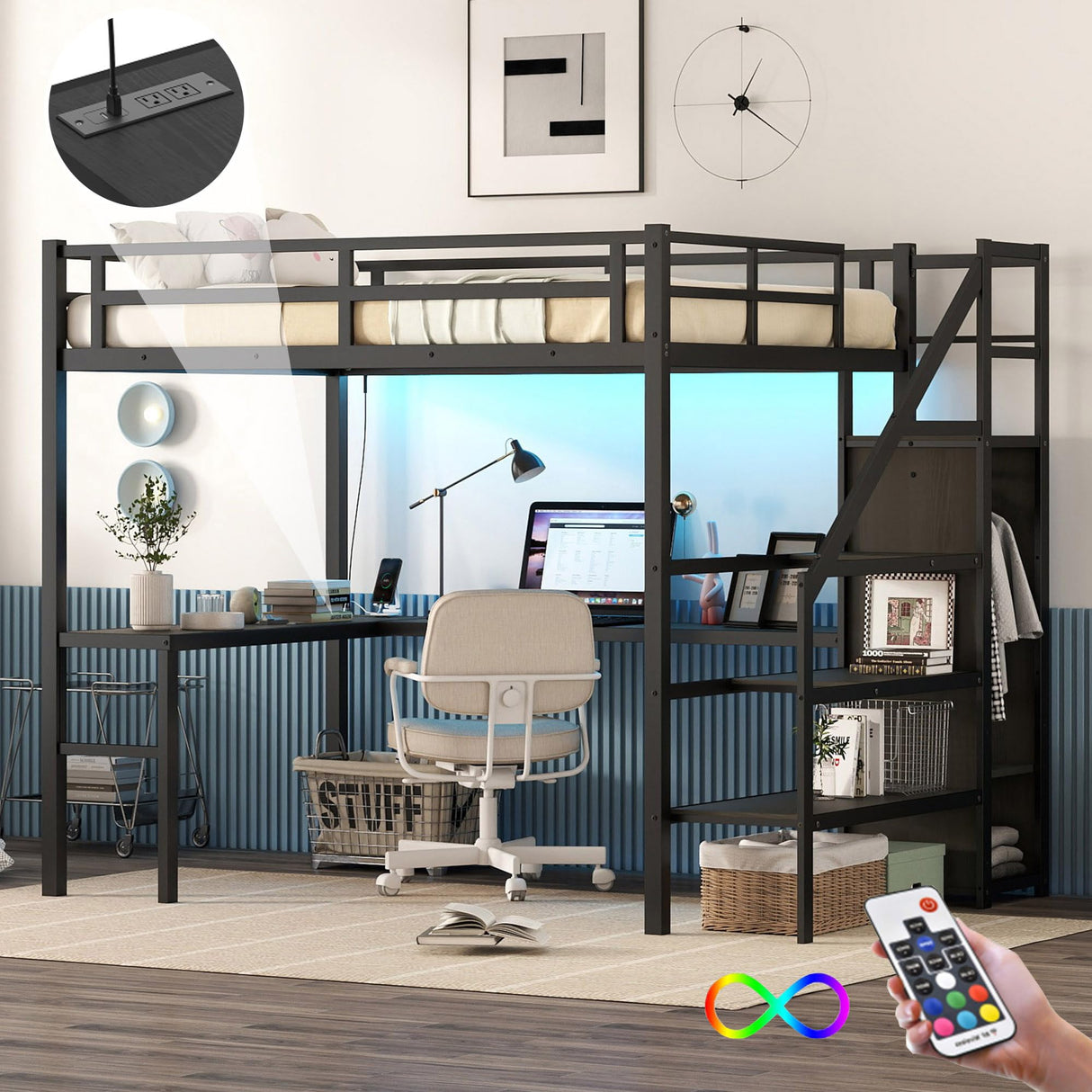 Metal Full Size Loft Bed with Desk and Stairs,Heavy Duty Loft Bed Frame with Wardrobe,LED Loft Bed Full Size with Charging Station for Kids,Teens,Adults,Black Bellemave