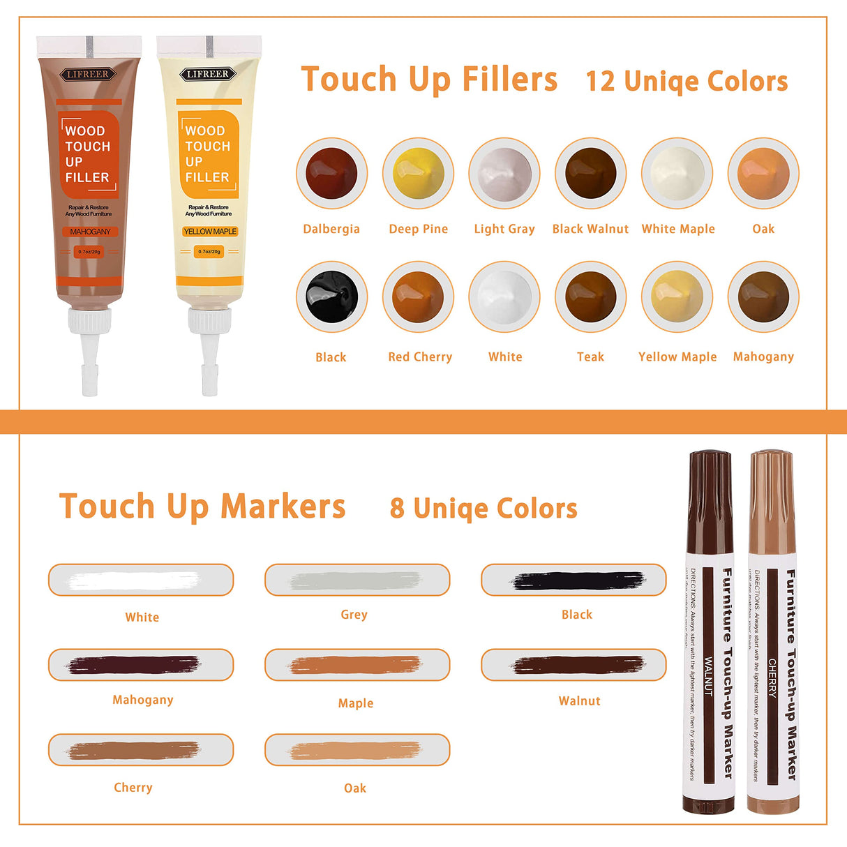 Lifreer Wood Furniture Repair Kit - 40 Pcs Wood Filler, Touch Up Markers with Wax Sticks - for Wood Floors, Stains, Scratches,Tables, Door, Lifreer