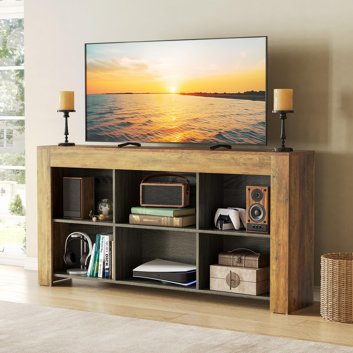 LITTLE TREE Console Table with Storage, 63-Inch Narrow Long Sofa Table, Entryway Table with 6 Cubes, Farmhouse Storage Shelves for Entryway, Living Room LITTLE TREE