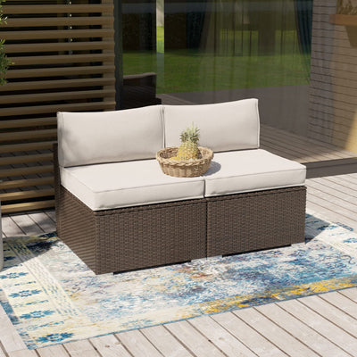SUNBURY 2-Piece Outdoor Sectional Wicker Sofa in Off White Cushion, Elegant Brown Patio Furniture Chair, Armless Chair, Add-on Wicker Single Armless Seat