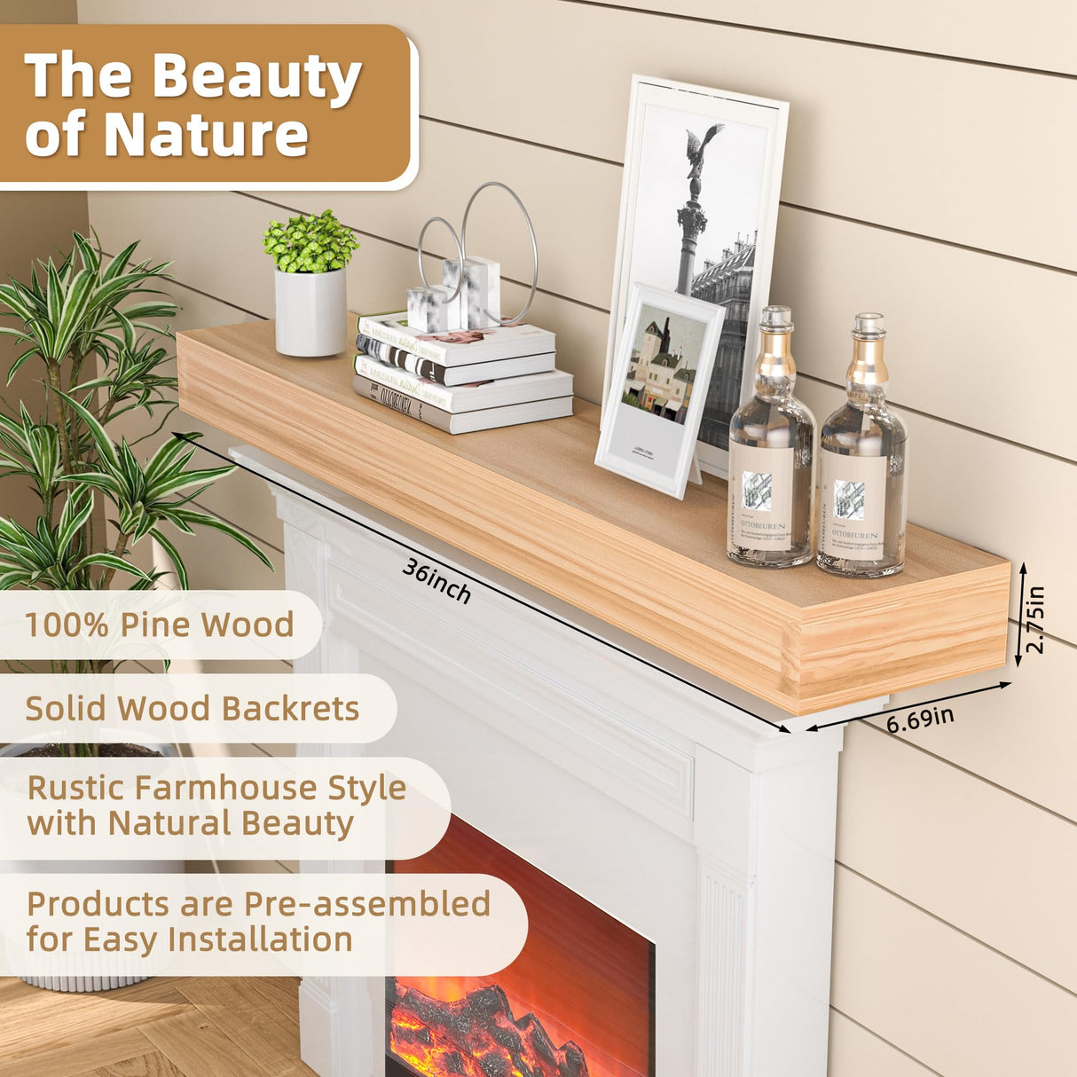 AZSKY Natural Wood Floating Fireplace Mantel Shelf 36 Inch Mantels for Over Fireplace Wall Mounted Farmhouse Fireplace Mantel Shelf with Invisible Bracket One Piece Floating Book Shelves AZSKY