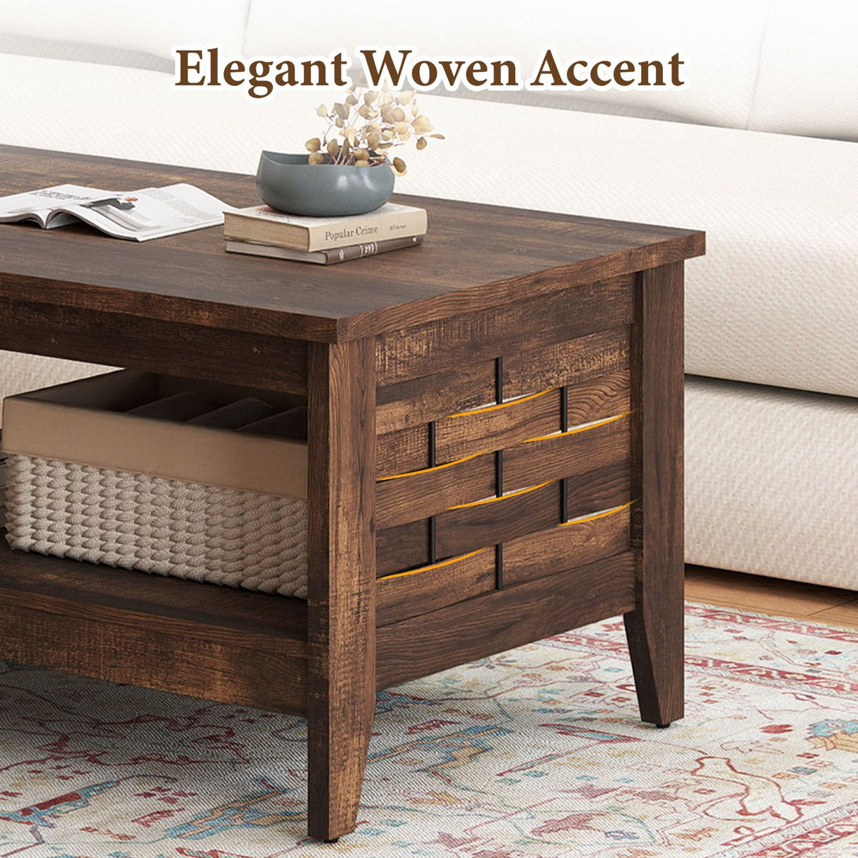 Giantex Farmhouse Coffee Table, 2-Tier Center Table with Storage Open Shelf & Woven Slatted Design, 39.5" Rectangular Accent Cocktail Table, Wood Coffee Tables for Living Room (Rustic Brown) Giantex