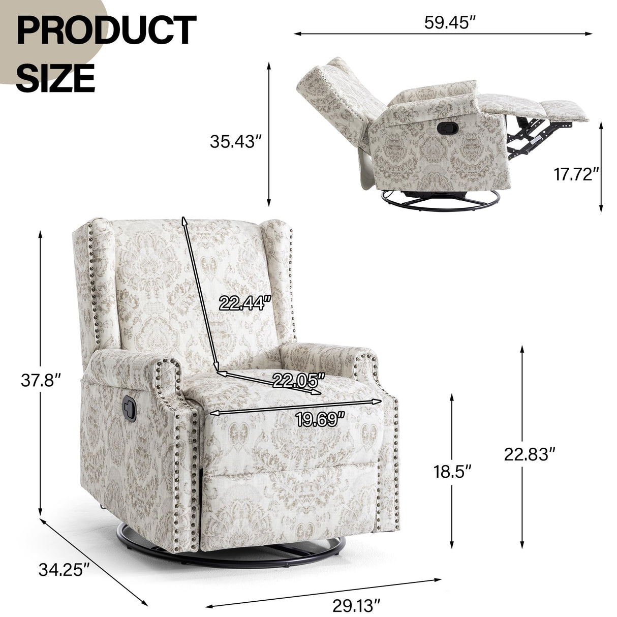 DREAMSIDEA Swivel Rocker Recliner Chair, Manual Nursery Glider Recliner, Floral Fabric Wingback Accent Chair with Adjustable Backrest & Footrest for Small Spaces Living Room Bedroom (Beige, Set of 1) DREAMSIDEA