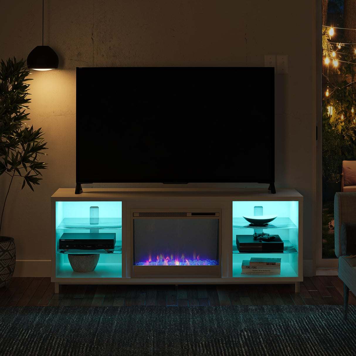Ameriwood Home Lumina Fireplace TV Stand for TVs up to 70 Inch, Replaceable Electric Fireplace Insert Heater, Remote Control, Timer, Color Changing LED Lights, Crystal Ember Flames, White Ameriwood Home