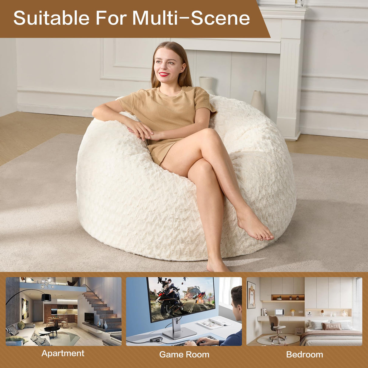 Hobestluk 3ft Bean Bag Chairs for Adults Large Beanbag Chair with Chevron Plush Fur Cover Big Bean Bag Chair for Living Room Bedroom Dorm Office - White (36” x 36” x 22”) Hobestluk