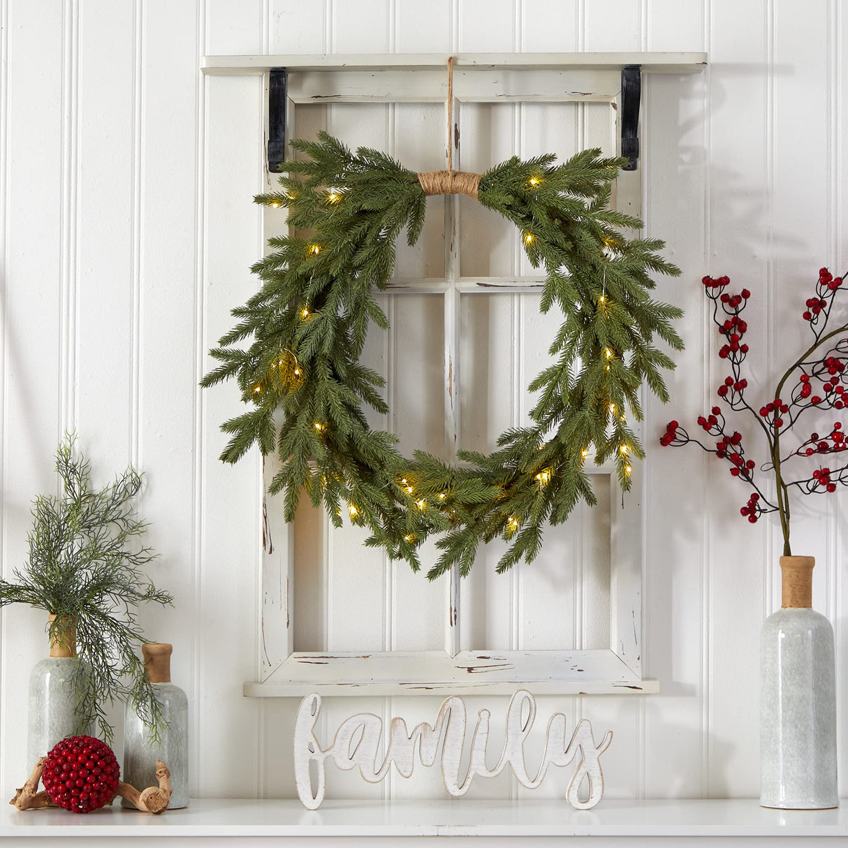 Nearly Natural 24in. Holiday Christmas Pre-Lit Cascading Pine Artificial Wreath Nearly Natural