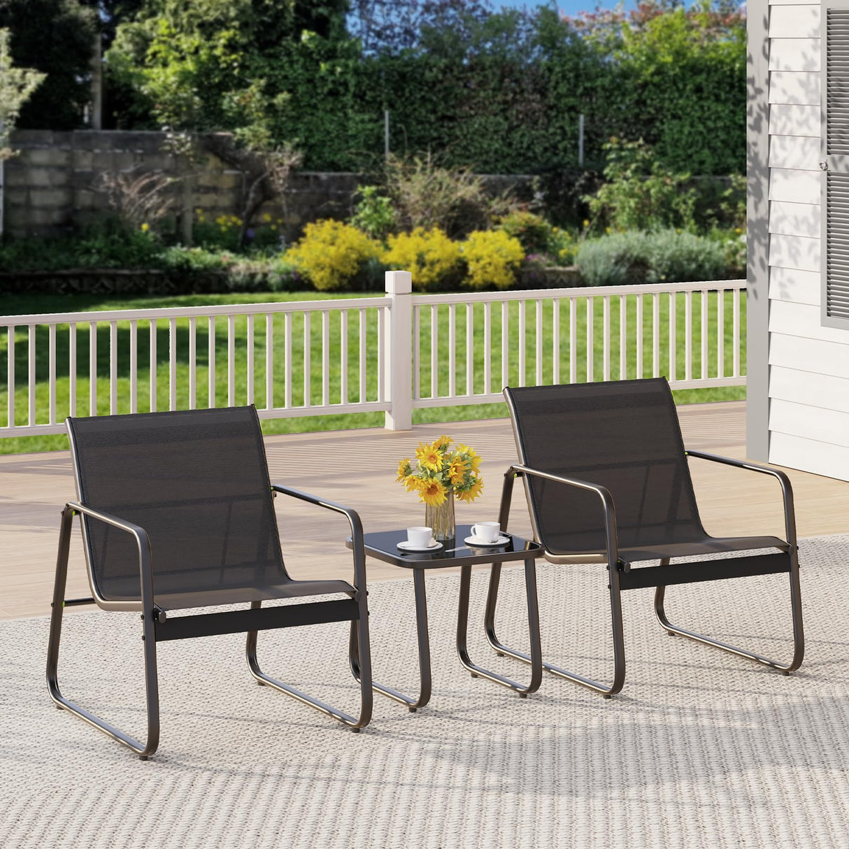 Gizoon Patio Chairs Set of 2, Patio Furniture Set with Metal Frame Glass Table, Outdoor Chairs Set of 2 for Balcony, Bistro Table and Chairs Set for Lawn, Black Gizoon