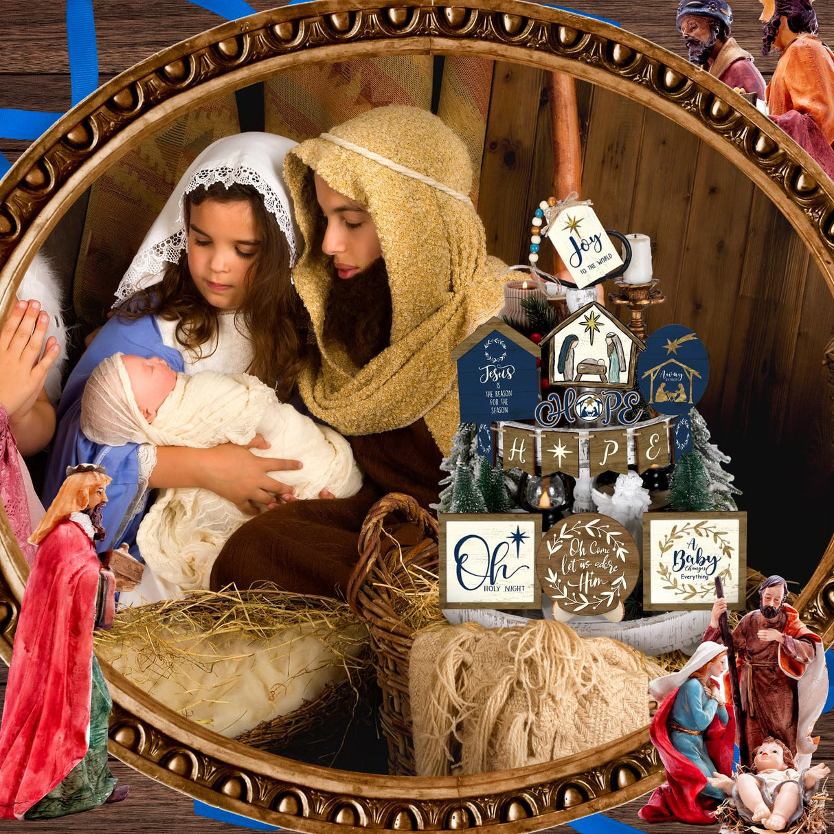 Bucherry 1 Sets Christmas Christian Tiered Tray Decor Christmas Jesus Theme Tray Decor Angel Jesus Star Wooden Decor Wood Angels Mangers Jesus' Birth Decor(Novel) Bucherry