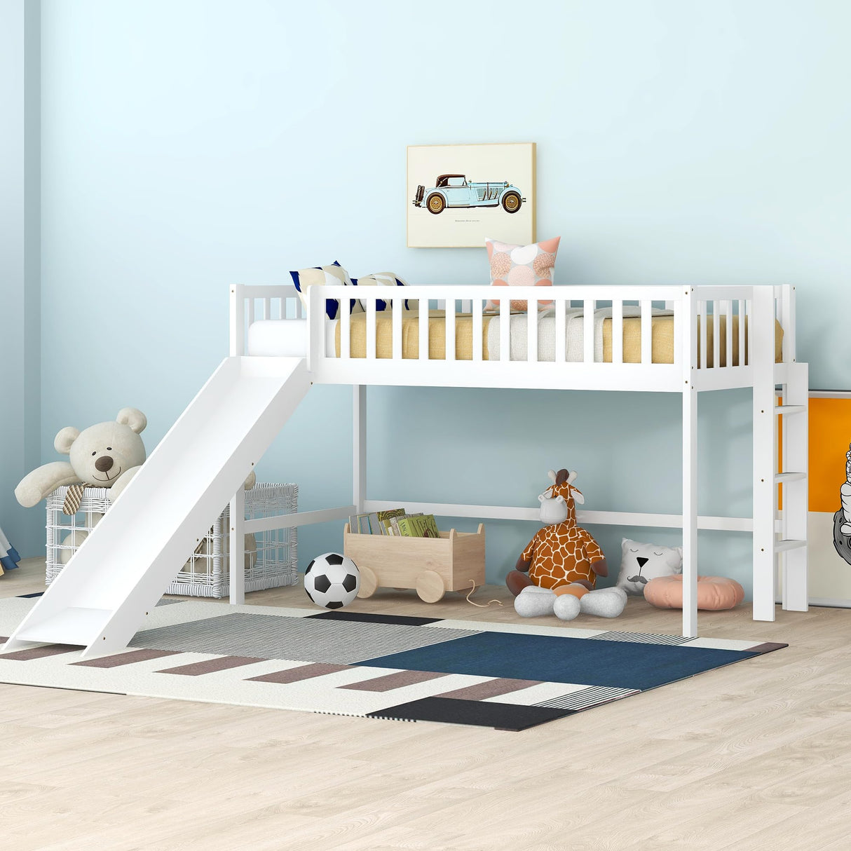 Twin Size Low Loft Bed with Slide,Kids Loft Bed with Ladder,Wood Kids Loft Bed Twin Size for Girls Boys,White Bellemave