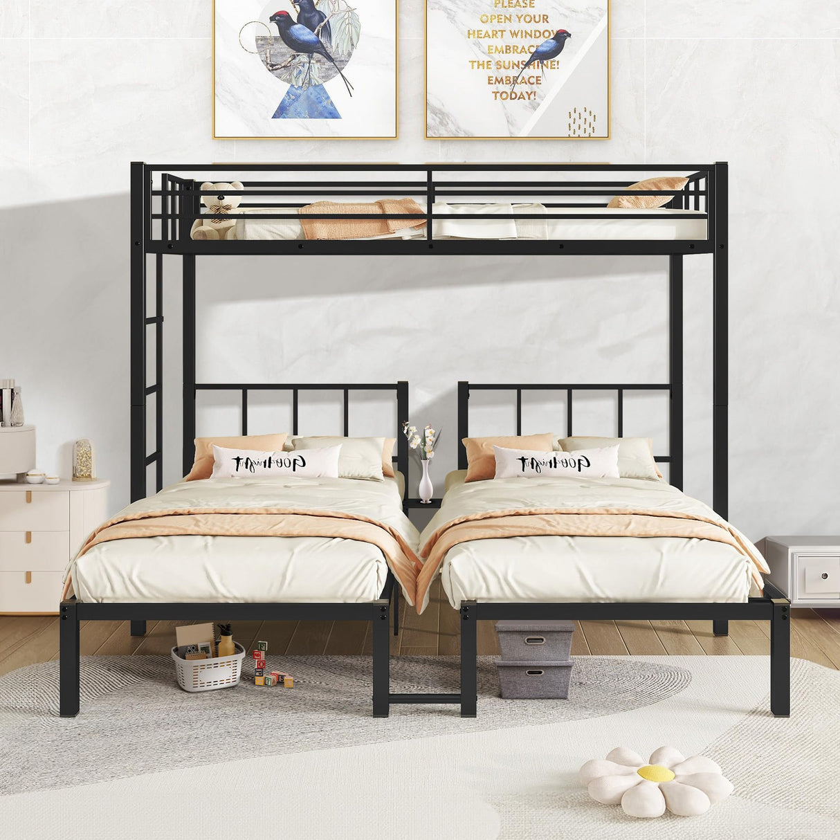 EYATZO Heavy Duty Triple Bunk Bed for Kids, Twin Over Twin Over Twin Bunk Bed, Metal 3 Bed Bunk Beds for Teens and Adults, No Box Spring Needed, Black EYATZO