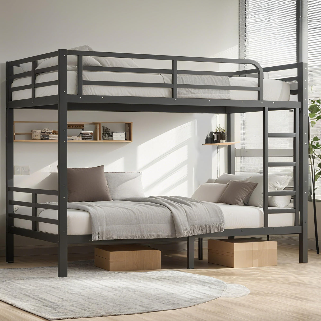 Bellemave Twin XL Over Twin XL Bunk Bed for Adults with Ladder & Full-Length Guardrails, Metal Heavy Duty Bunk Bed Frame with Sturdy Slats, Noise Free, No Box Spring Needed, Black Bellemave
