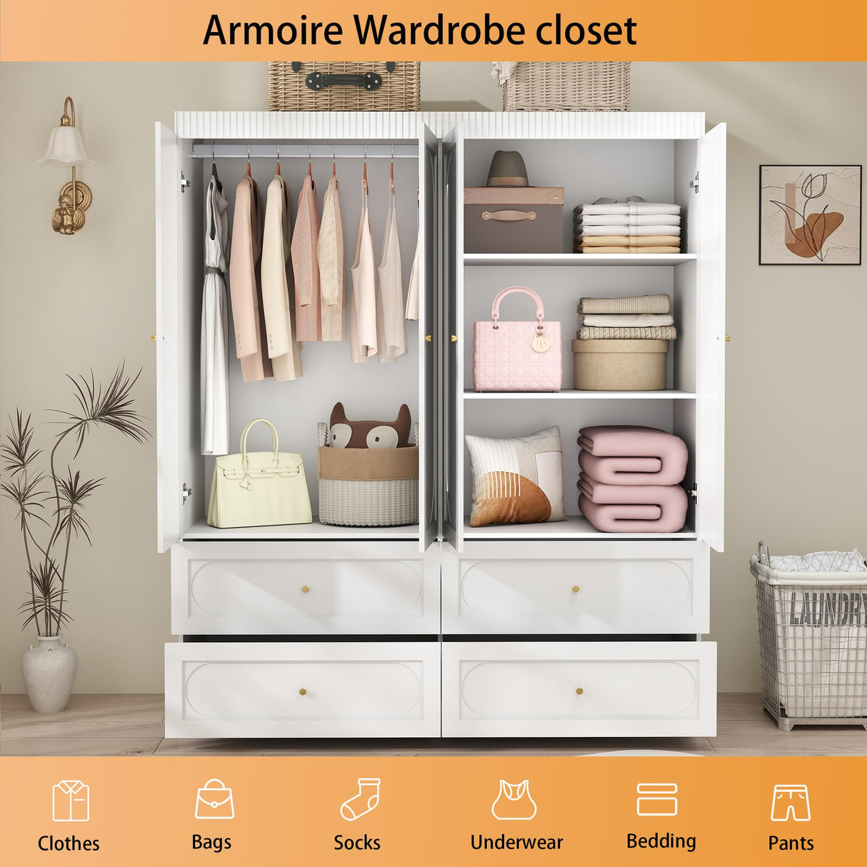 Mhsatyrs White Armoire Wardrobe Closet: 74" Tall Wardrobe Closet with 4 Doors, Wood Large Armoire with 4 Drawers, Modern Bedroom Armoires with Hanging Rod (White) Mhsatyrs