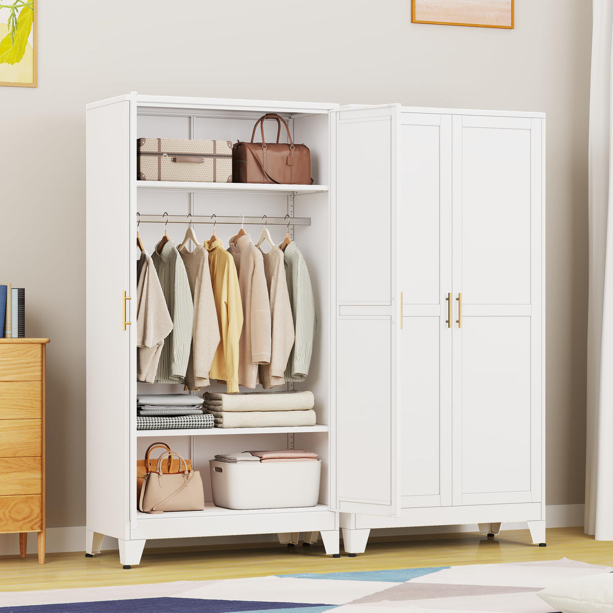 PAOFIN 71" Metal Armoire Wardrobe Closet, Bedroom Clothing Storage Cabinet with Hanging Rod, Freestanding White Armoire Cabinet with Adjustable Shelves PAOFIN