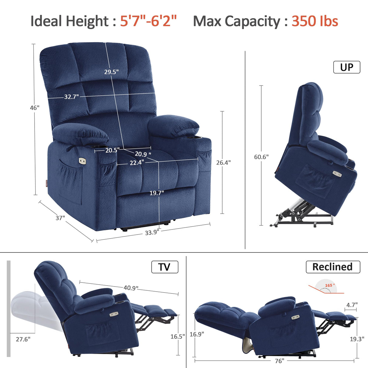 MCombo Large Lay Flat Dual Motor Power Lift Recliner Chair Sofa with Massage and Heat for Elderly People, Infinite Position, Fabric 7680 (Large-Regular, Navy Blue) MCombo