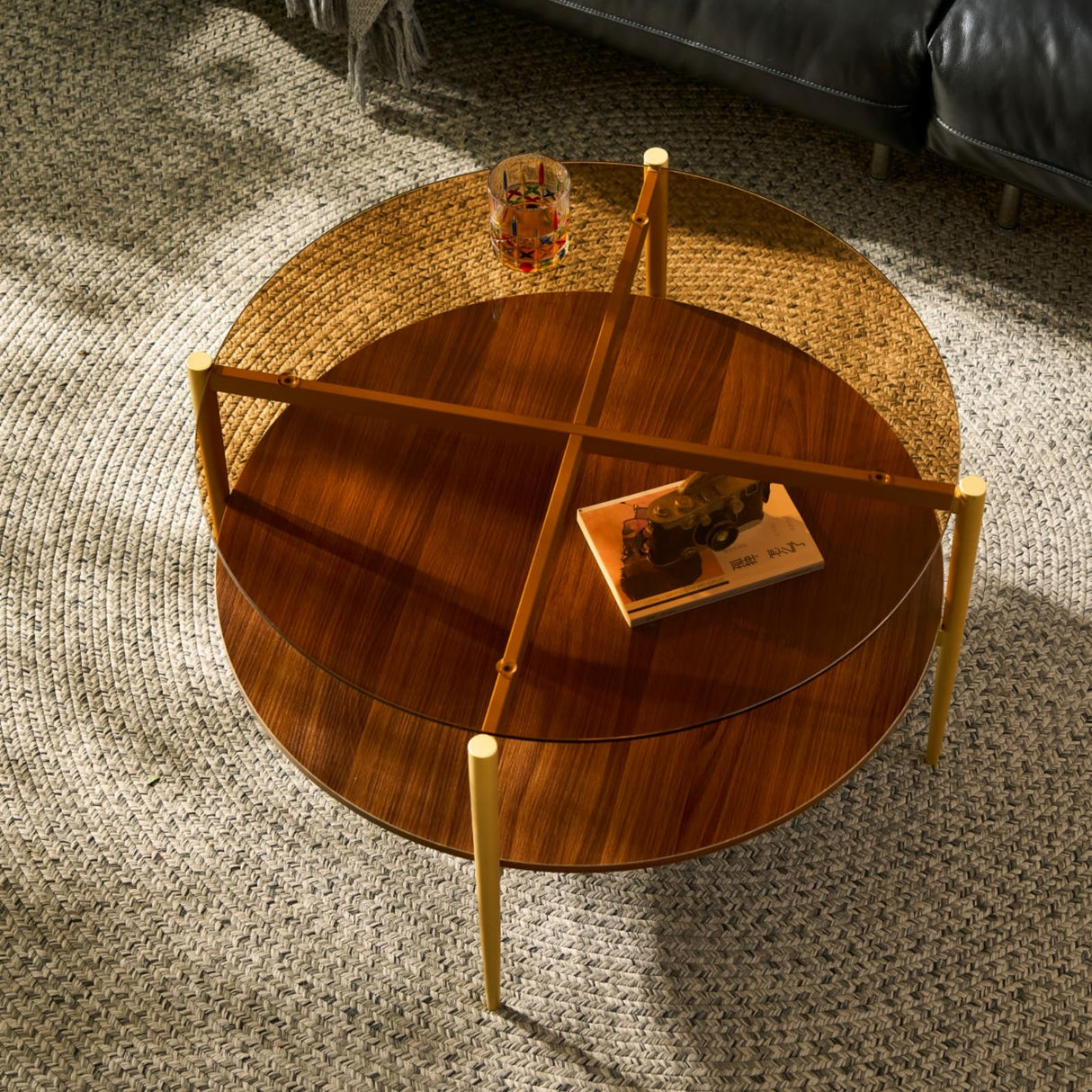 Saint Mossi Glass Round Coffee Table for Living Room, Middle-Century Modern Style, Coffee Brown Glass Top & Walnut Brown MDF Wood Top, with Gold Finish Legs & Frame SM Saint Mossi