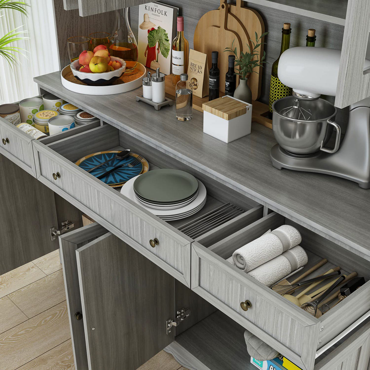 AIEGLE Large Kitchen Hutch Cabinet, Storage Cupboard Pantry with Glass Doors, Drawers & Countertop, Floor Kitchen Pantry Storage Cabinet Utility Buffet, Wooden Grey (61.2" L x 18.1" W x 75.9" H) AIEGLE