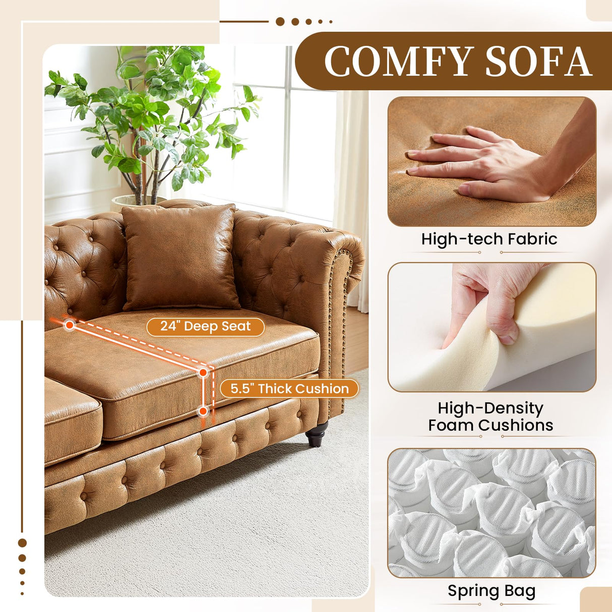 Mid Century Modern Couch, 85.5"W High-tech Fabric Button Tufted Oversized Loveseat Sofa with Nailhead Trim & Roll Armrests, Deep Seat Comfy Chesterfield Sofa for Living Room, Office(3 Seater, Brown) JEEOHEY