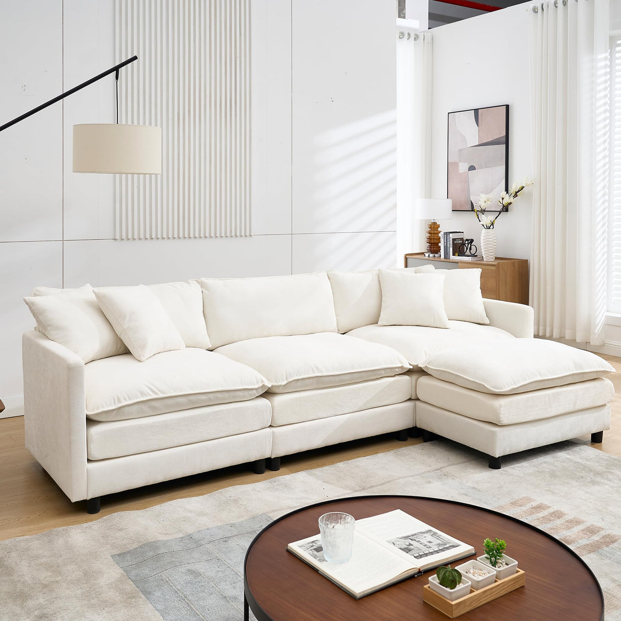 Modular Convertible Sectional Couch, 4 Seat L Shaped Sofa Reversible Chaise Sectional Sofa Deep Seat Cloud Couch Chenille for Home, Apartment, Dorm (Cream White, L Shaped) PEIHONGET