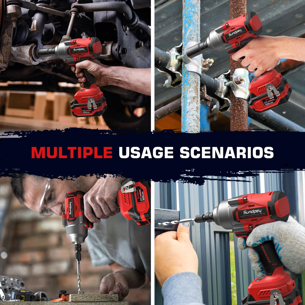 Sundpey Cordless Impact Wrench 812Ft-lbs - 1100N·m Brushless High Torque Impact Gun with 2 * 4.0Ah Battery - 21V Power Impact Driver with 5 Sockets & 9 Drill Bits & 1/2" Hexagonal Adapter for Car Home Sundpey