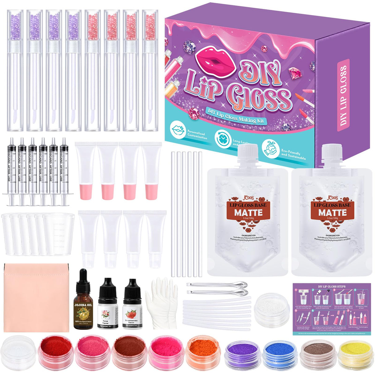 JCOOS DIY Lip Gloss Making Kit - 63PCS Diamond Matte Lip Gloss Base, Tubes & Pigment - Teen Girl Gifts Jcoos