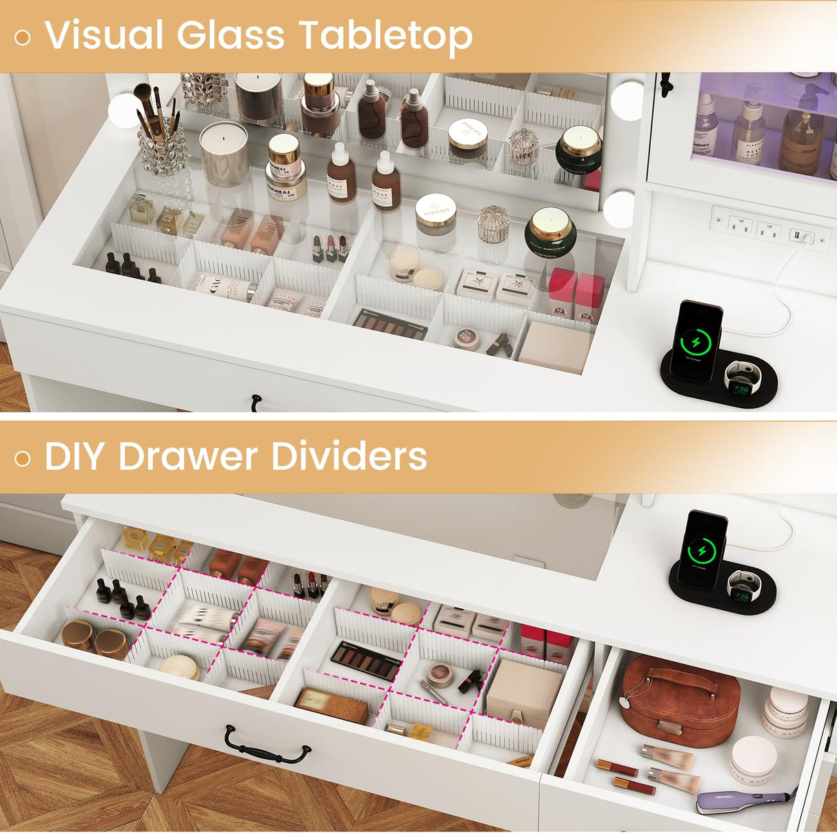 Quimoo Vanity Desk, Makeup Vanity with Lights, Large Mirror Vanity with 3 Drawers and 2 Cabinets, Vanity Table Set with Power Outlet and Glass Tabletop, for Bedroom (White) Quimoo