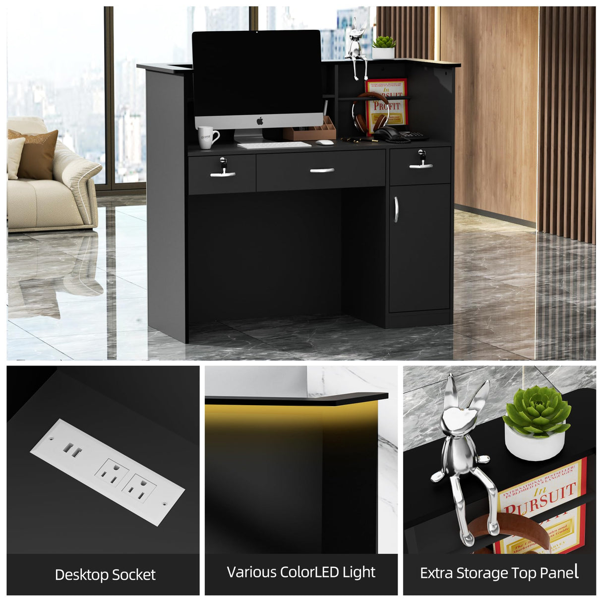 OUTGUAVA Modern Front Desk & Reception Desk with LED Lighting, 50-inch Retail Counter with Power Socket, DIY Stripe for Checkout, Lobby, Salon, Offices - Black OUTGUAVA