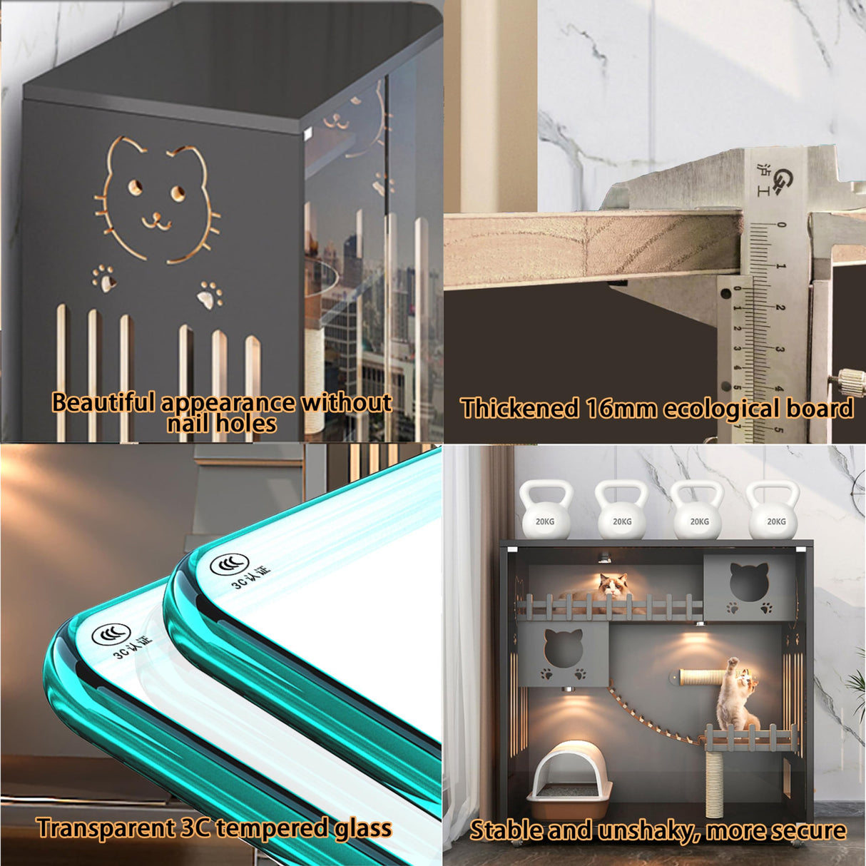 Large Indoor Cat Enclosure, Wooden Large Cat Villa, Indoor/Outdoor Cat Enclosure with Wheels, Multi-Feature Enclosed Cat Houses for Indoor Cats Ventilation Glass Doors, 50" X 36" X 24" HUATOL