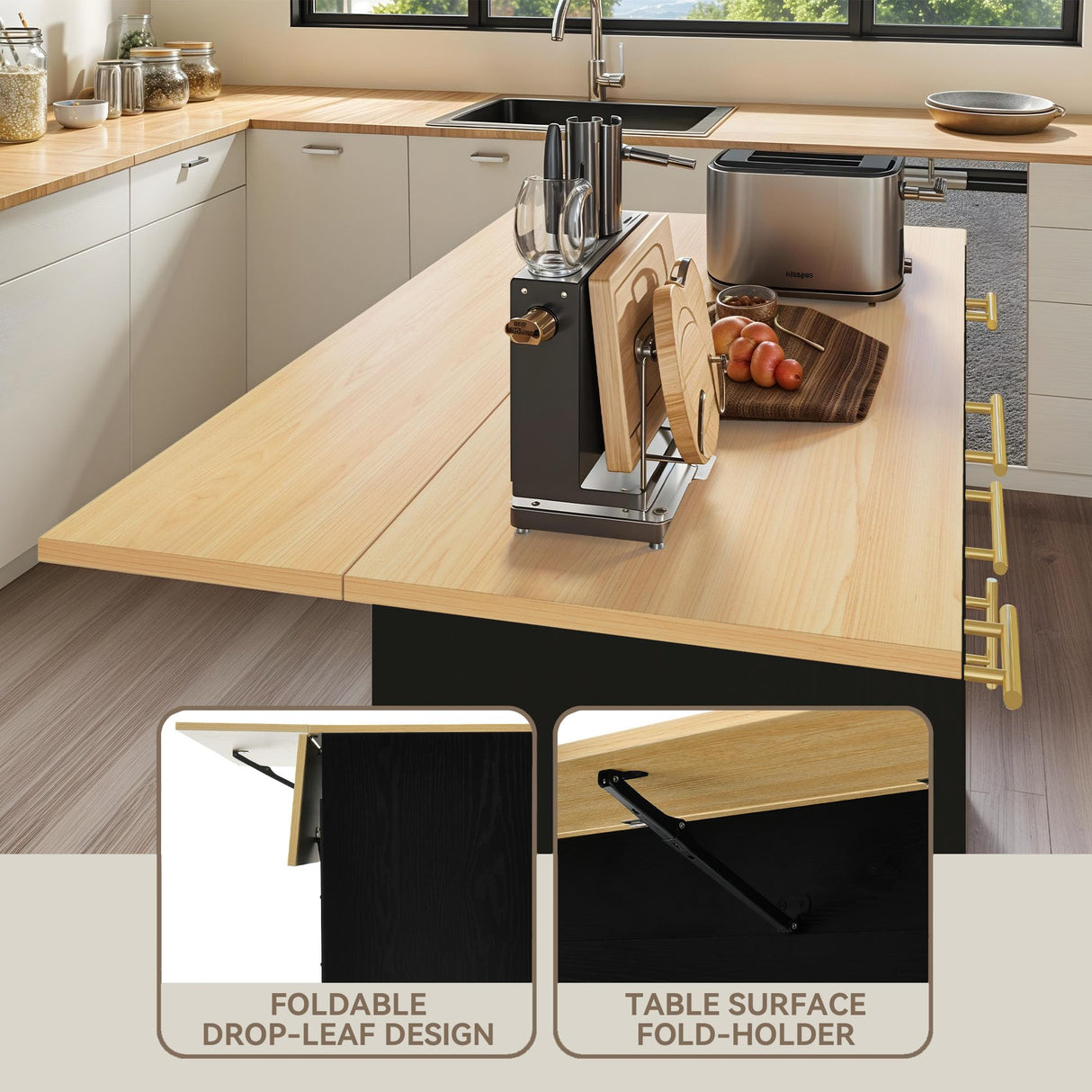 YITAHOME Kitchen Island with Drop Leaf, 55 inch Rolling Kitchen Carts, Modular Pull Out Trash Can Cabinet Fits Double 10-Gallon Garbage Bin, Mobile Island Table with 3 Drawers for Dining Room, Black YITAHOME