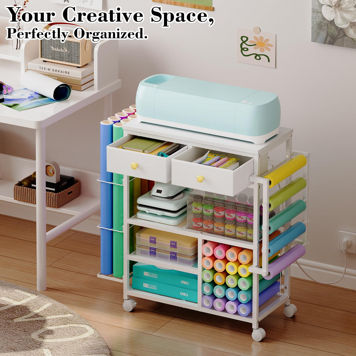 Large Craft Wrapping Paper Organizers Cart, Rolling DIY Storage for Birthday & Holiday with 2 Fabric Drawers, Lockable Wheels Cart for Vinyl Roll, Paints, Craft Supplies, Multi-Tier Craft Tape Holder Lyuwanxian