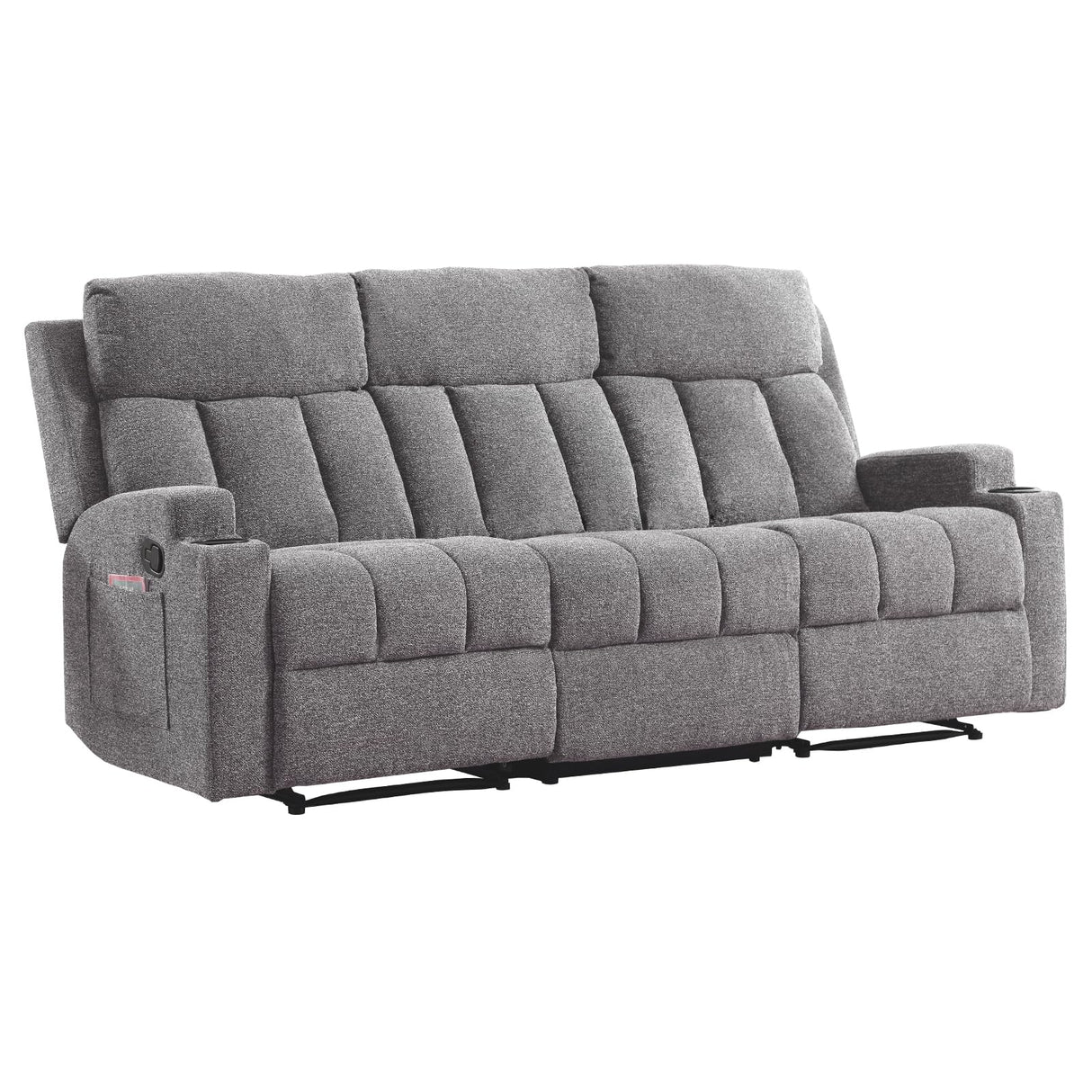 CANMOV Manual Fabric Reclining 3 Seat Sofa Couch with 2 Cup Holders, 3 Seater Recliner Sofa Couch with Armrest and Pockets for Living Room, Bedroom Furniture, Gray CANMOV