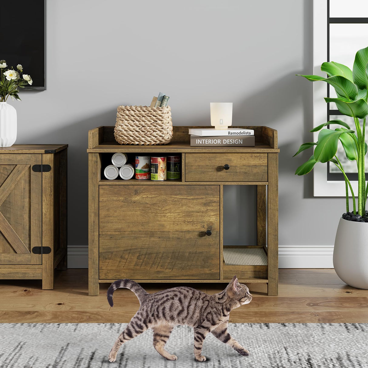 Cat Litter Box Enclosure Furniture,Llitter Box Enclosure with Shelves and Scratcher,Wooden Cat Litter Cabinet with Drawer,Cat Furniture Litter Box Lomojo