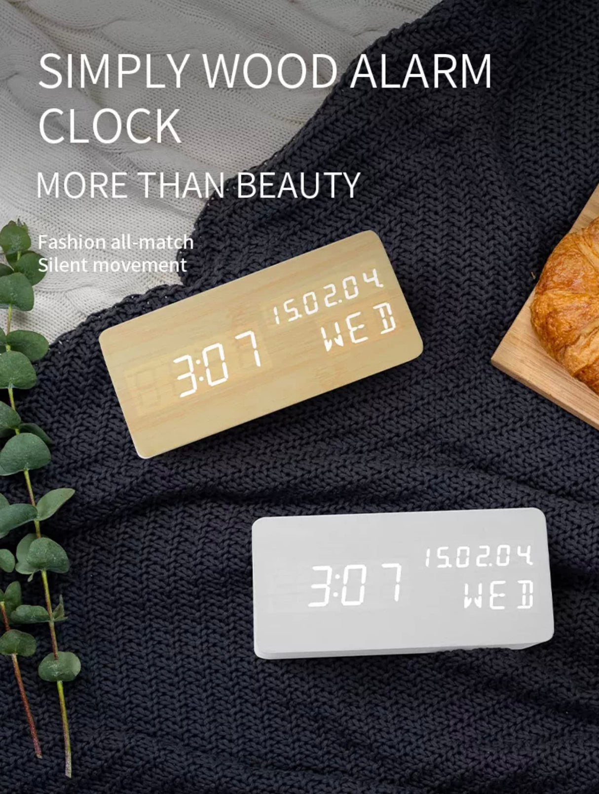 Pokanic Wood Digital Alarm Clock Desk Time, Date(MM/DD/YY), Day of The Week, Temperature, Nightlight Large LED Display Portable Lamp Bedroom, Office, School, Home, Livingroom, Room (Bamboo) Pokanic