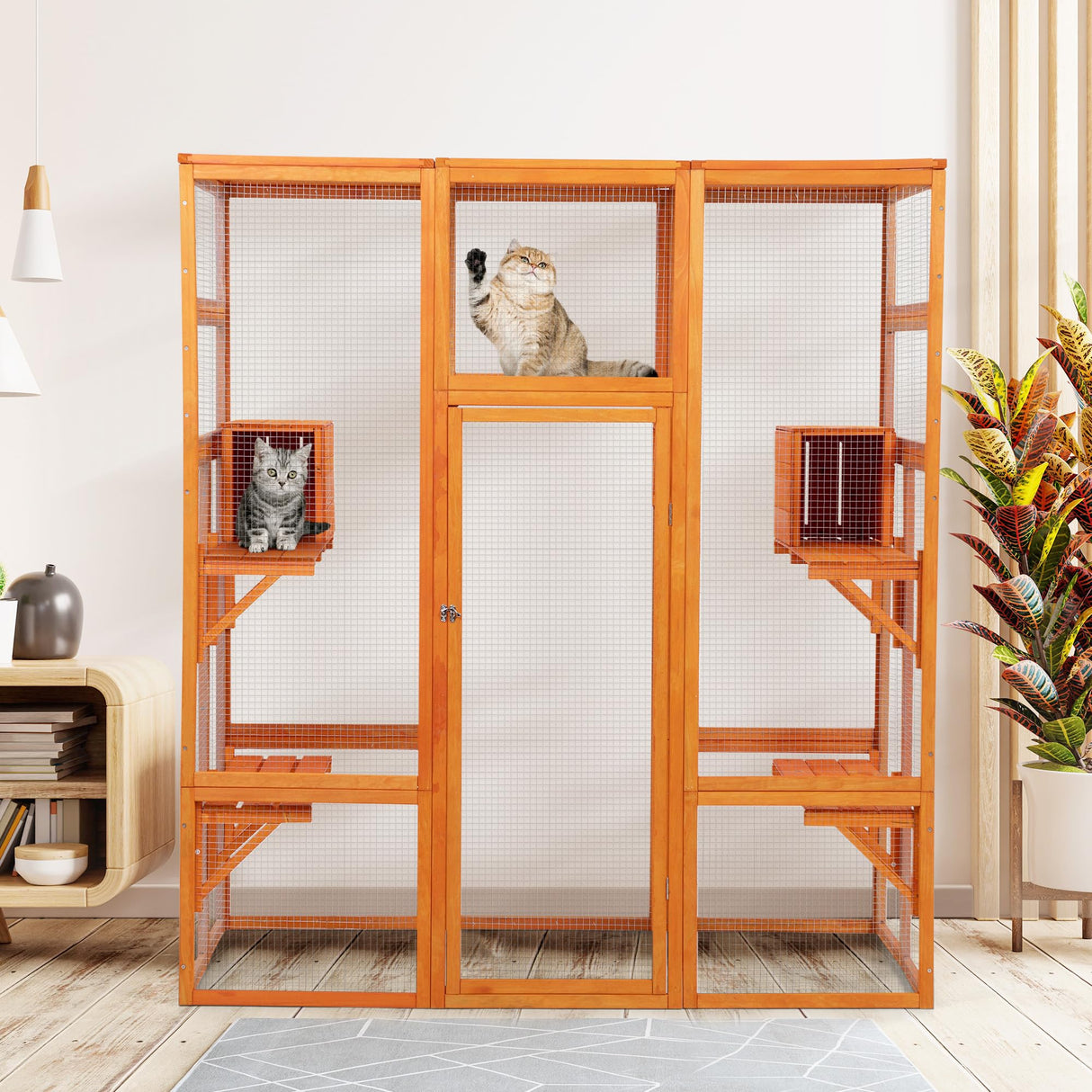 COZIWOW Large Wooden Cat Cage with Perche and Condo, Play Run Enclosure Indoor Kitty Window Kennel with Waterproof Roof, 7 Platforms & 2 Resting Box, 62.4" L x 32.4" W x 70" H, Deep Orange COZIWOW