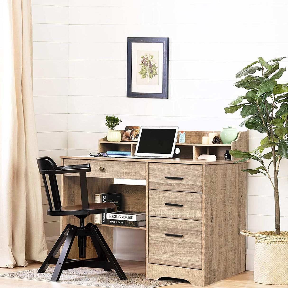Computer Desk with 4 Drawers and Storage, Small Office Desk with File Drawers and Hutch, Farmhouse Wood Writing Student Table for Home Office, Bedroom, Wooden Grey HOMBCK