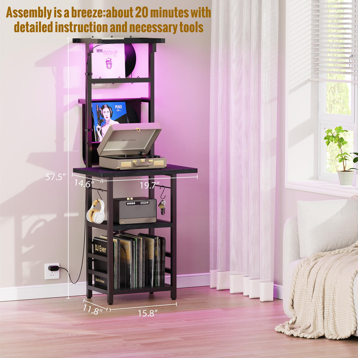 YAKANJ Record Player Stand with Led Light,Record Player Table with Vinyl Storage,Turntable Stand with Record Holder Vinyls Display Shelf for Music Room Studio,Black YAKANJ