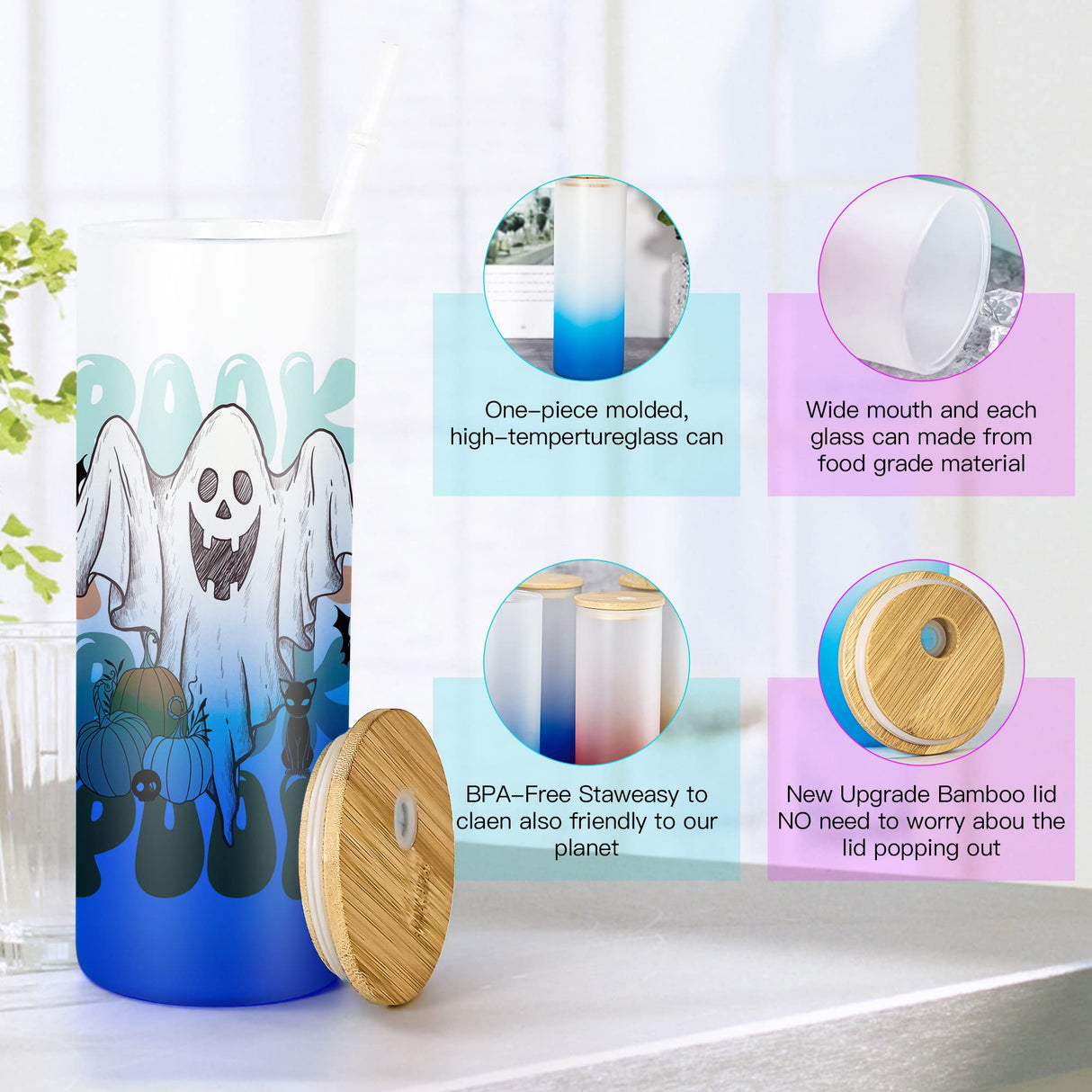 AGH 25 oz Sublimation Glass with Bamboo Lid, 6 Pack Frosted Sublimation Beer Can Glass, Gradient Color Material, Suitable for Beer, Juice, Ice Water, Drinks, Etc. AGH
