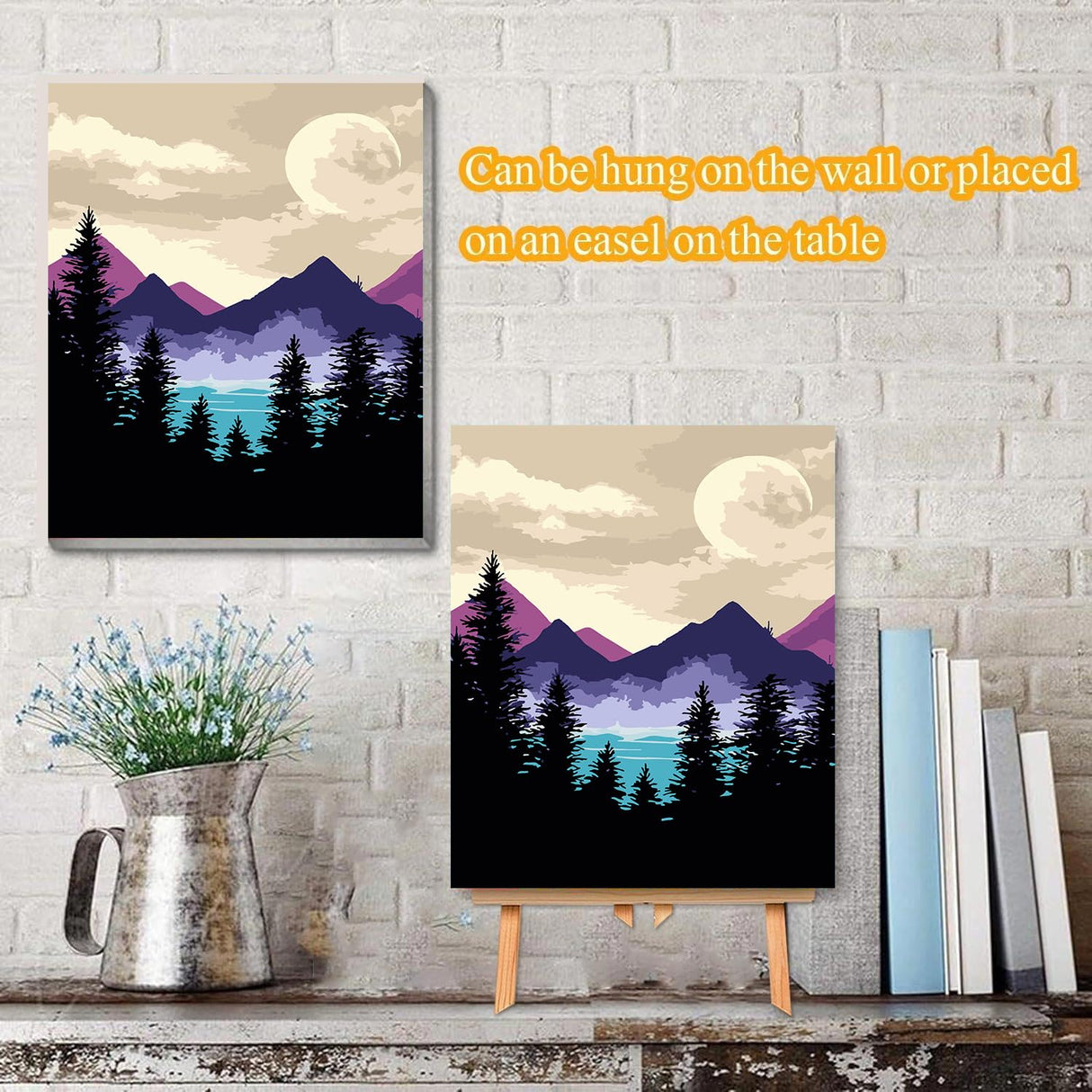 VIGEGU Paint by Numbers Kit for Adults Beginner with Framed Canvas - with Wooden Easel,Mountain Moon Tree DIY Oil Painting, with Acrylic Paints Brushes Nice Gift Box 7.8x11.8in VIGEGU