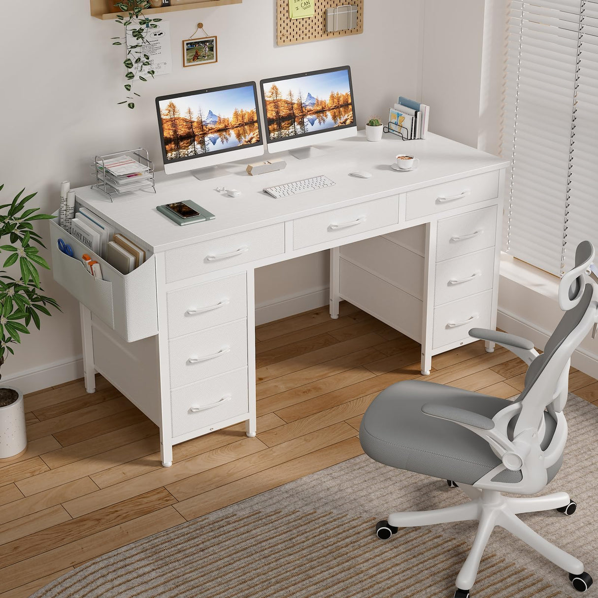 Lufeiya 47 Inch Computer Desk with 9 Drawers, Office Desk Work Desk for Home Office, Study, Writing, Vanity Desk with Fabric Drawers on Both Sides, Large Storage, White Lufeiya