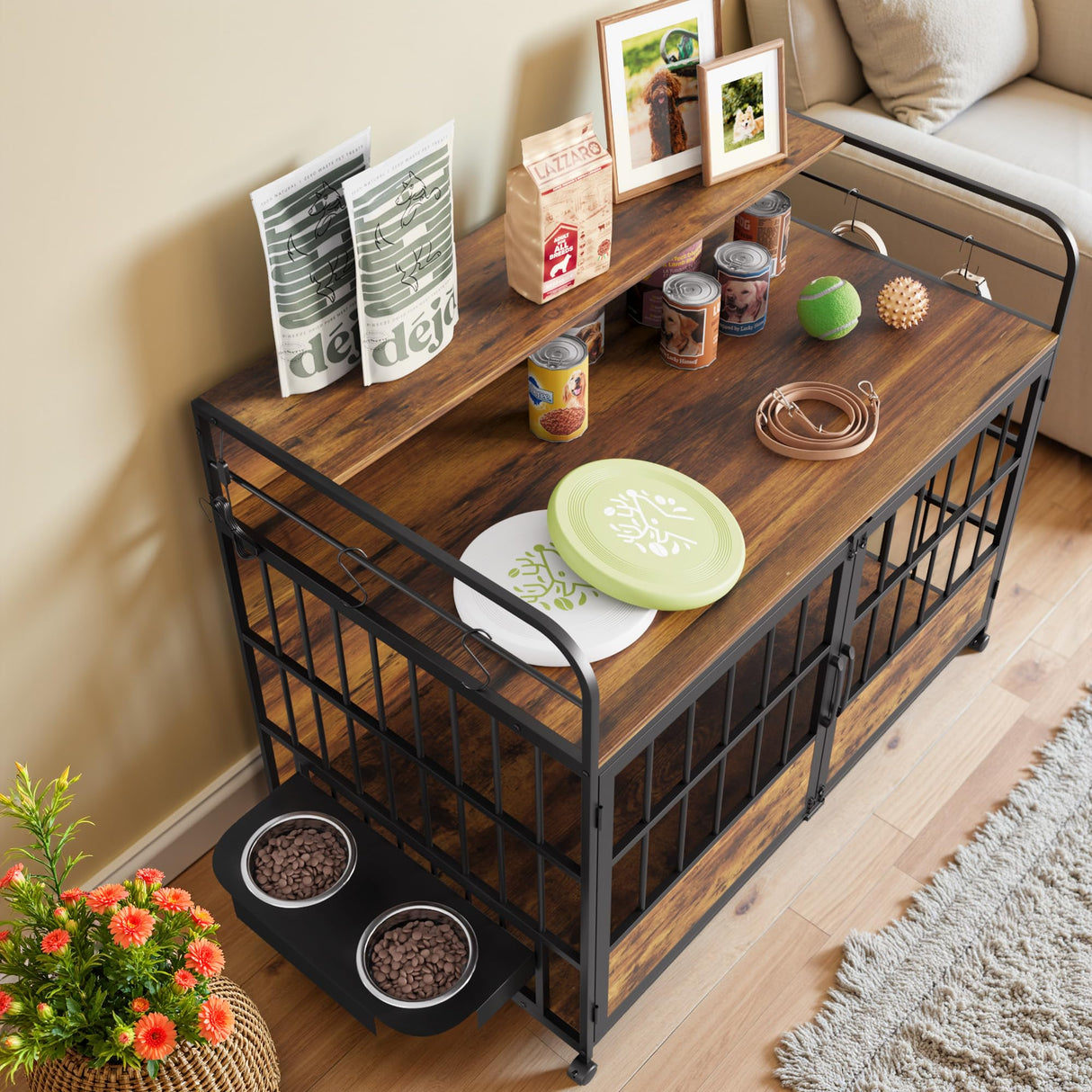 WARCAT Large Furniture Dog Crate, Heavy Duty Dog Crate, Dog Kennel Indoor, Wood Dog Cage Table with Adjustable Lighting Color, Sturdy Metal, 44" L×26" W×37" H, Brown WARCAT