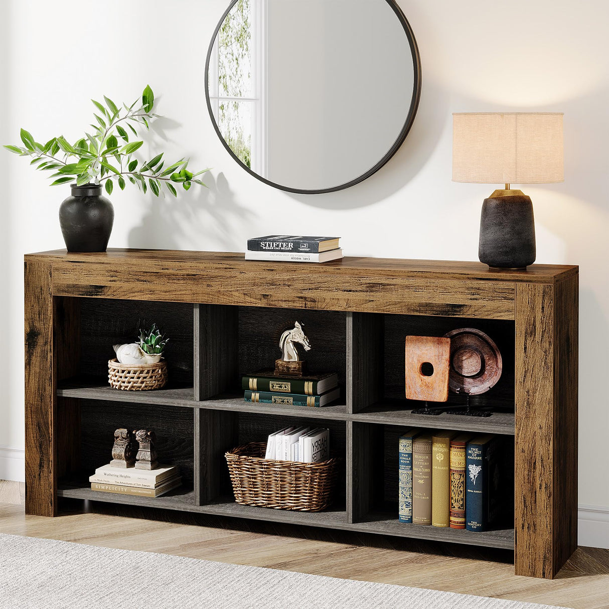 Tribesigns 63-Inch Long Console Table, Rustic Wood Entryway Table with 6 Storage Cubes, Industrial Narrow Sofa Table Behind Couch Table for Living Room, Hallway Tribesigns