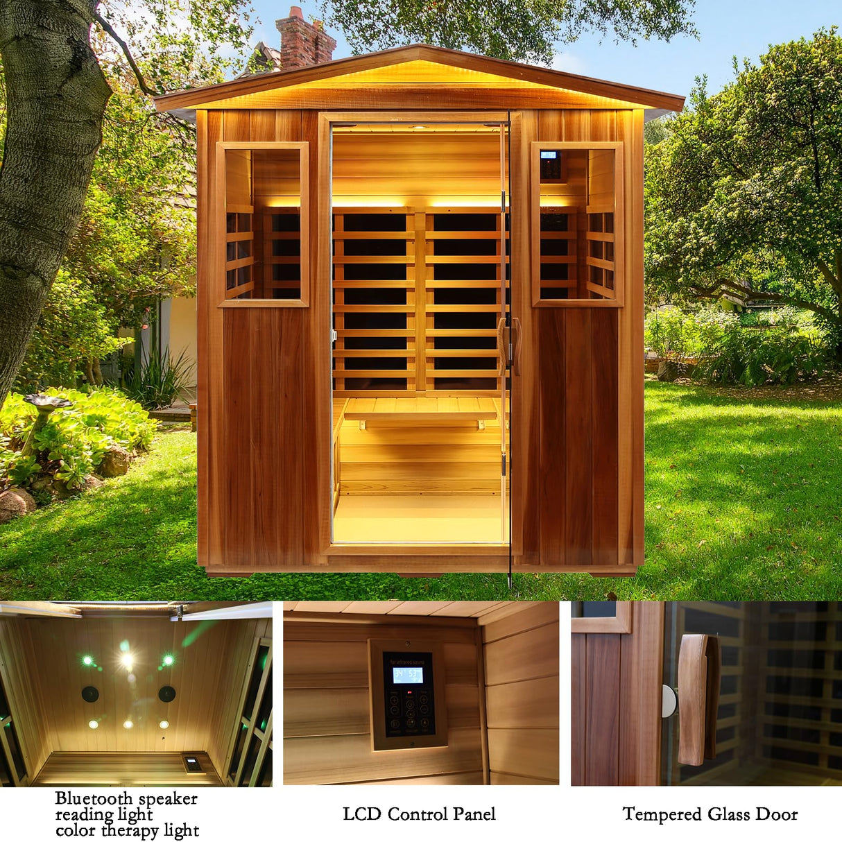 KUNSANA Red Cedar 4 Person Outdoor Ultra-Low EMF(0.5mg) Infrared Sauna, Multi-Person Home Sauna spa, 2160w,12 Heating Panels, LCD Control Panel, Bluetooth Speaker, Chromotherapy Lights, Reading lamp KUNSANA