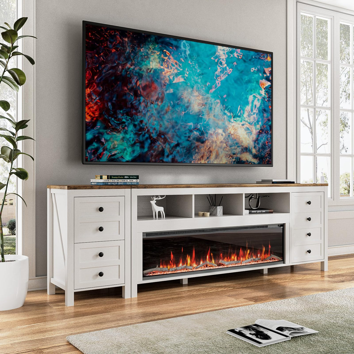 BVIUNTWO 83 Inch Fireplace TV Stand for TVs Up to 95 Inch,Farmhouse Entertainment Center with 50" Electric Fireplace,White TV Console with Storage Cabinets for Living Room BVIUNTWO