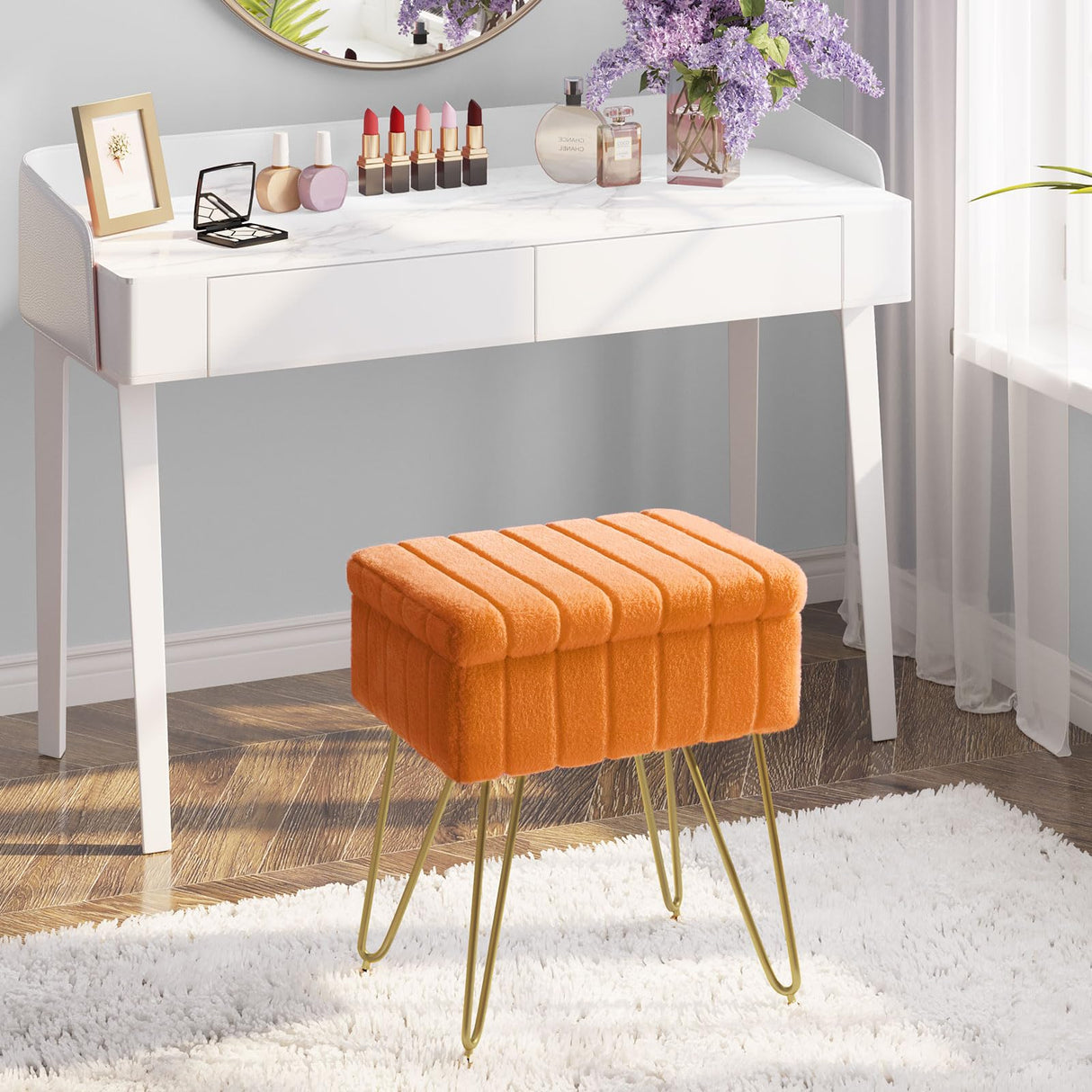 Greenstell Vanity Stool Chair Faux Fur with Storage, 15.7"L x 11.8"W x 19.4"H Soft Ottoman 4 Metal Legs with Anti-Slip Feet, Furry Padded Seat, Modern Multifunctional Chairs for Makeup, Bedroom,Orange GREENSTELL