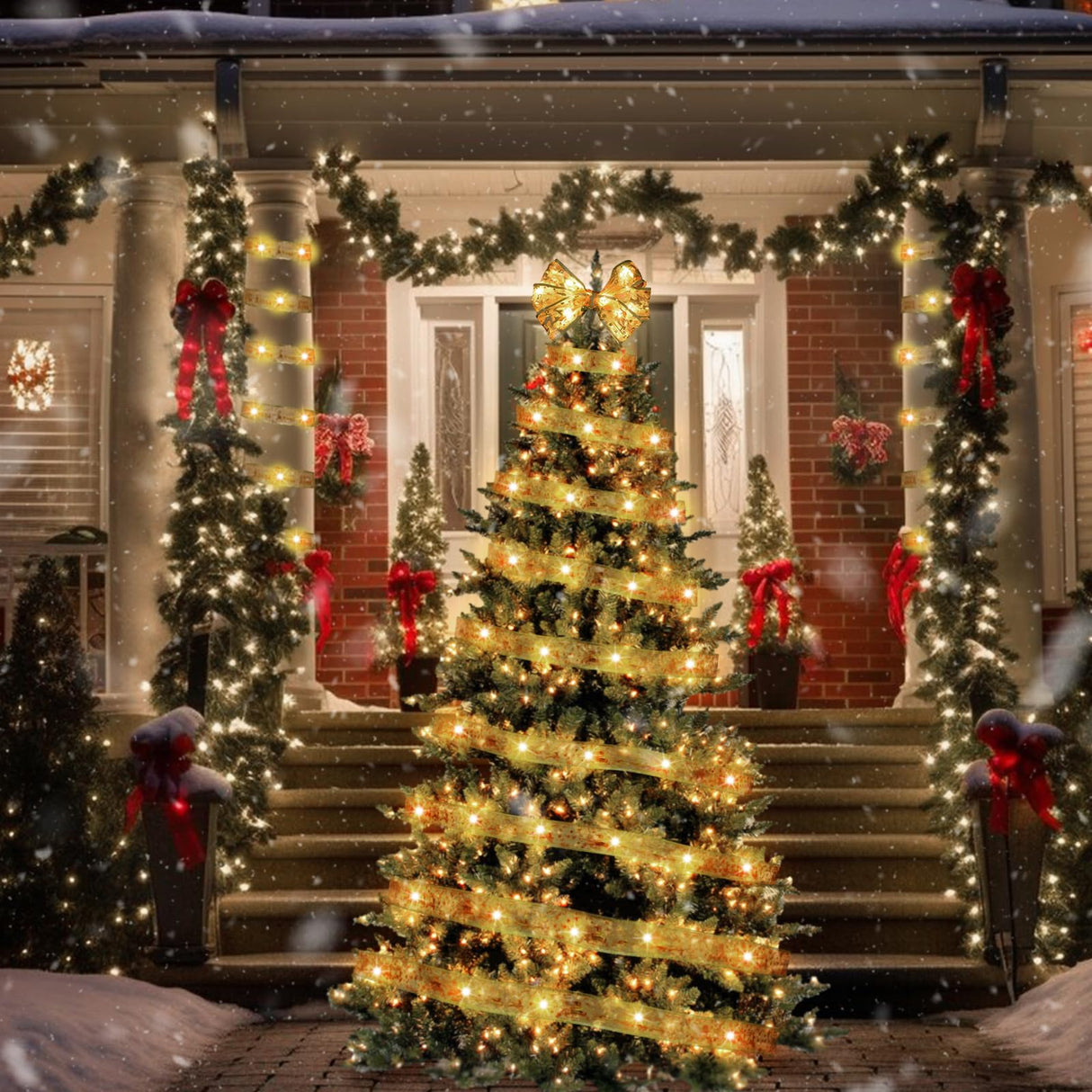 KPROE Christmas Tree Decorations, 32Ft 100 LED Christmas Tree Copper Wire Ribbon Bows Lights with 8 Lighting Modes, Battery Operated & USB Powered Fairy String Lights with Timer for Xmas Tree Decor KPROE