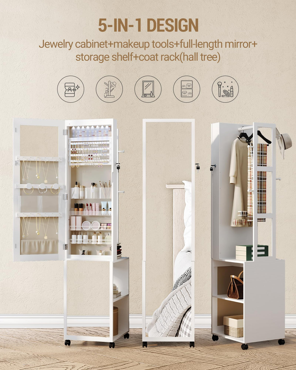 Hzuaneri 8 LEDs Jewelry Cabinet Armoire, 64.8-inch Jewelry Organizer with Garment Rack, Lockable Full-length Mirror with 4 Wheels, Storage Shelves with Hooks, 5-in-1, White and Beige JC17003BE Hzuaneri