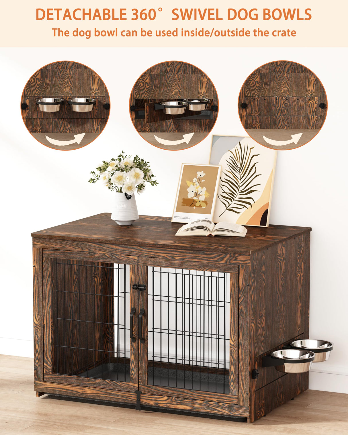 Piskyet Wooden Dog Crate Furniture with 360°Rotatable Removable Dog Bowls, Dog Crate End Table with Tray, Double Doors Dog Kennels for Dogs(M:31.8" L*22.1" W*24.1" H, Rustic Style) Piskyet