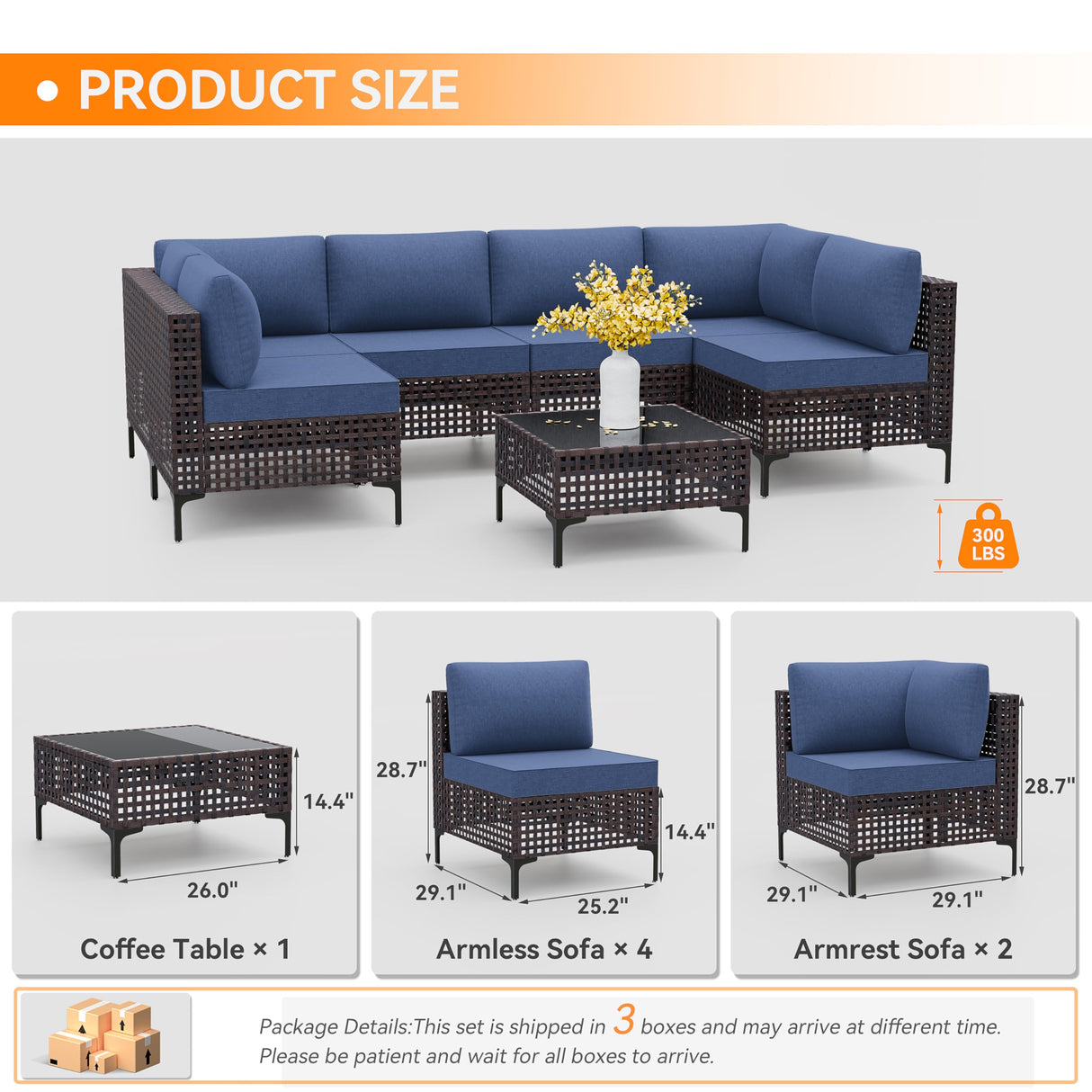 Trumbeak 7 Pieces Patio Furniture Set Wicker Outdoor Sectional Sofa,All Weather Brown PE Rattan Outdoor Conversation Set w/Thick Cushions and Glass Coffee Table,NavyBlue Trumbeak