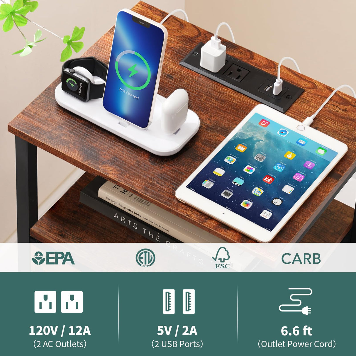 Yoobure Side Table with Storage, LED Night Stand with Charging Station, End Tables Living Room, Nightstand for Bedroom with Adjustable Fabric Drawer, 3-Tier Wood Bedside Table, Berry Brown Yoobure