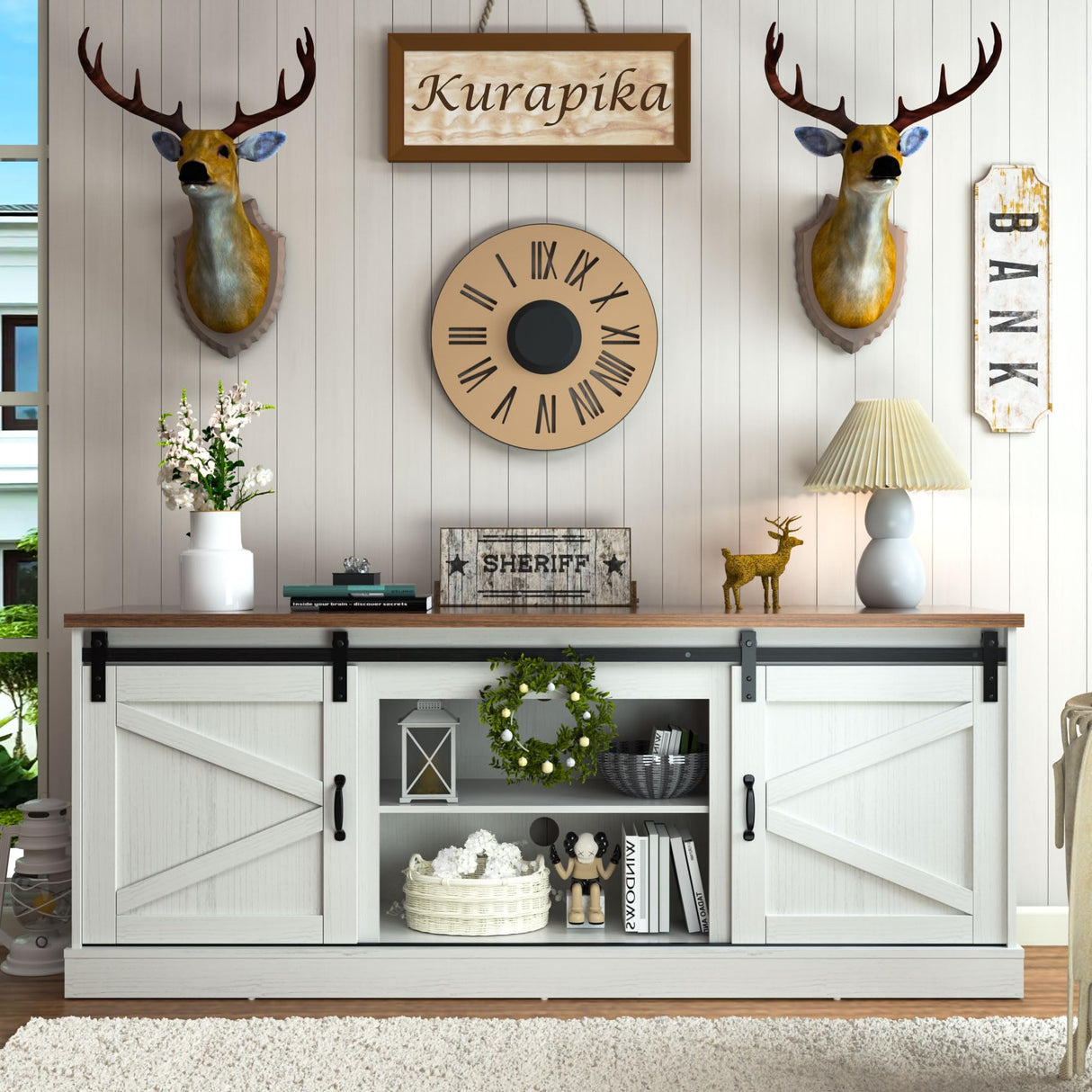 Kurapika Farmhouse TV Stand and Entertainment Center for TV Up to 75 Inch, with Adjustable Shelf and Sliding Barn Doors, Media Furniture with Storage Cabinet and Console Table, 67 Inch, White Kurapika