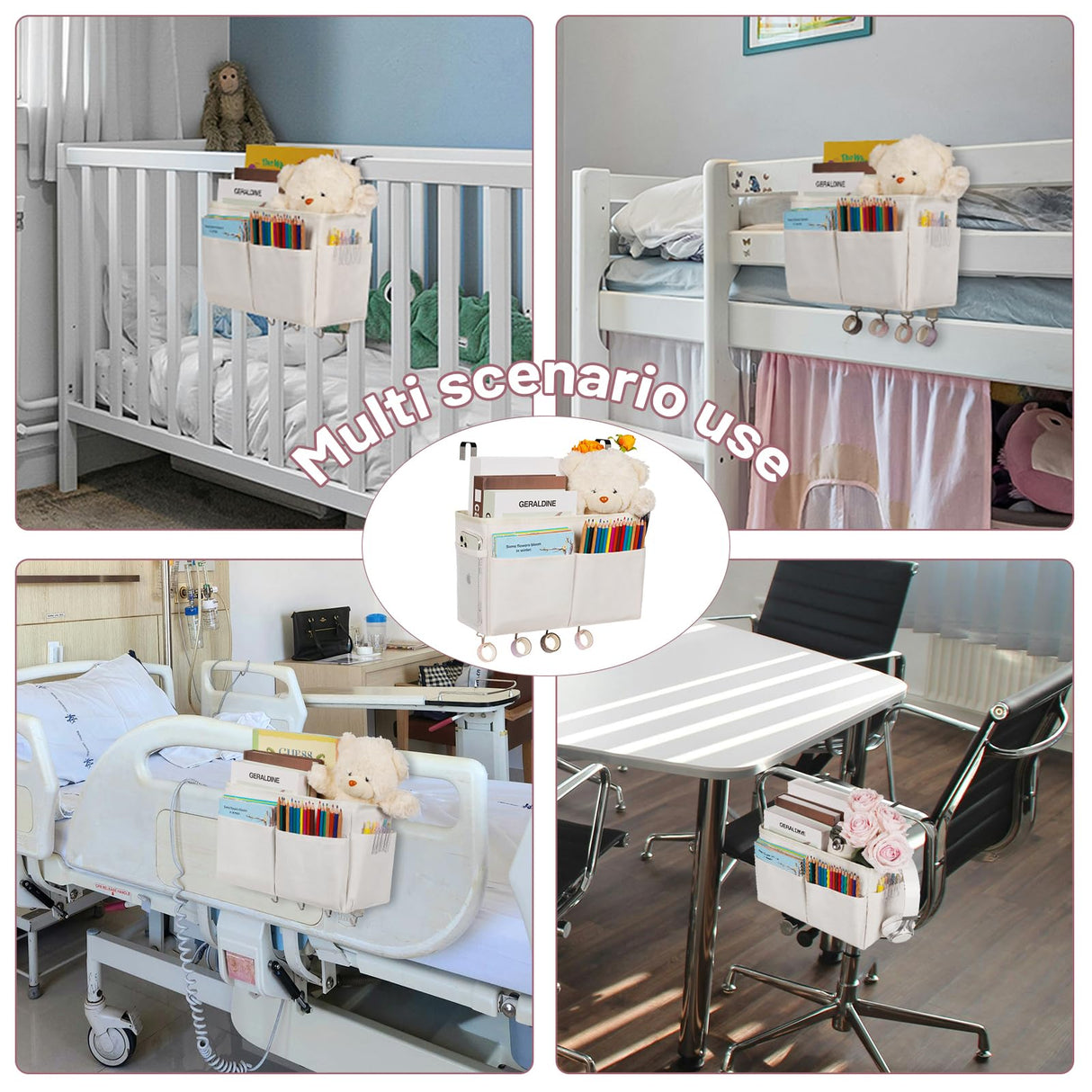 Frjjthchy Bedside Storage Organizer 5 Pockets with 4 Hooks Hanging Storage Bag for Headboards/Bunk Bed (White) Frjjthchy